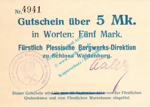 Waldenburg , Notgeld 5 Mark Schein in kfr. Diessner 415.II.3 , Niederschlesien o.D. Notgeld 1914-15