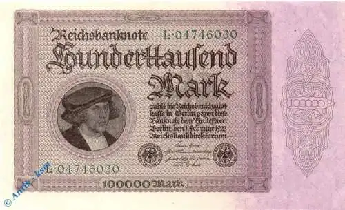Reichsbanknote , 100.000 Mark Schein kfr , DEU-93 a , Rosenberg 82 , P 83 , vom 01.02.1923 , Nachkriegszeit und Inflation