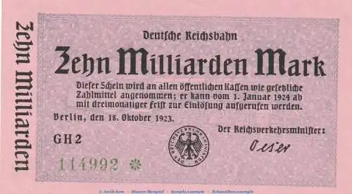 Reichsbanknote , 10 Milliarden Mark Schein in kfr. RVM-11, Ros.--, S.1021 , vom 18.10.1923 , deutsche Reichsbahn - Inflation