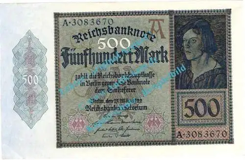 Banknote , 500 Mark Schein in kfr. DEU-80, Ros.70, P.73 , 1922 Weimarer Republik
