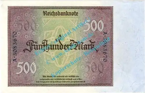 Banknote , 500 Mark Schein in kfr. DEU-80, Ros.70, P.73 , 1922 Weimarer Republik