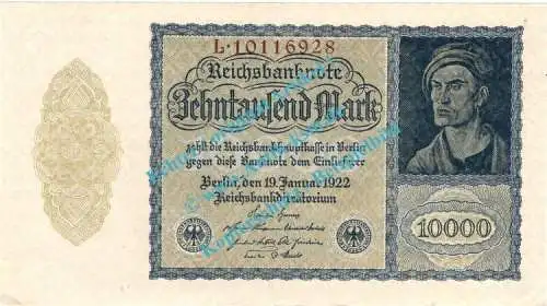 Banknote , 10.000 Mark Schein in kfr. DEU-78.b, Ros.69, P.72 , 1922 Weimarer Republik