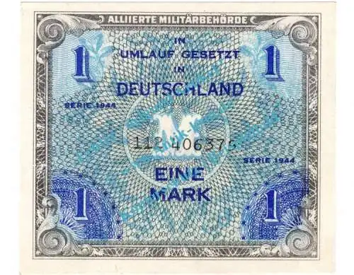 Banknote , 1 Mark Schein in kfr. AMB-2.c , Rosenberg 201 , P 192 , von 1944 Alliierte Militärbehörde