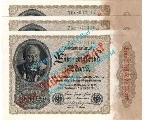 Reichsbanknoten , 1 Milliarde Mark --ORANGE 3 x fortl KN Bo. WZ -- , DEU-126.F.e, Ros.110, P.113 , Weimarer Republik - Inflation