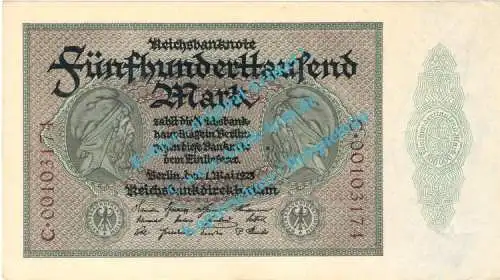 Banknote , 500.000 Mark Schein in L-gbr. DEU-99.b, Ros.87, P.88 , Weimarer Republik 1923 Inflation