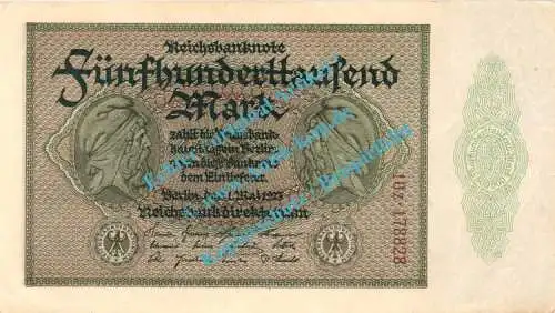 Banknote , 500.000 Mark Schein in kfr. DEU-99.g, Ros.87, P.88 , Weimarer Republik 1923 Inflation