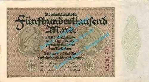 Banknote , 500.000 Mark Schein in L-gbr. DEU-99.g, Ros.87, P.88 , Weimarer Republik 1923 Inflation
