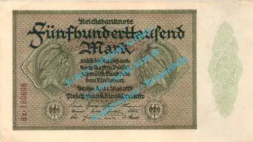 Banknote , 500.000 Mark Schein in L-gbr. DEU-99.f, Ros.87, P.88 , Weimarer Republik 1923 Inflation