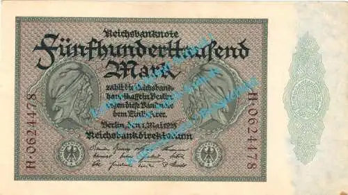 Banknote , 500.000 Mark Schein in L-gbr. DEU-99.A, Ros.87, P.88 , Weimarer Republik 1923 Inflation