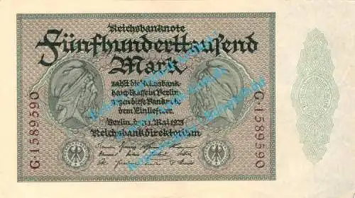 Banknote , 500.000 Mark Schein in kfr. DEU-99.c, Ros.87, P.88 , Weimarer Republik 1923 Inflation