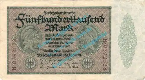Banknote , 500.000 Mark Schein in gbr. DEU-99.c, Ros.87, P.88 , Weimarer Republik 1923 Inflation