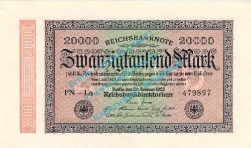 Banknote , 20.000 Mark -Wellen- in kfr. DEU-95.d, Ros.84, P.85 , Weimarer Republik 1923 Inflation