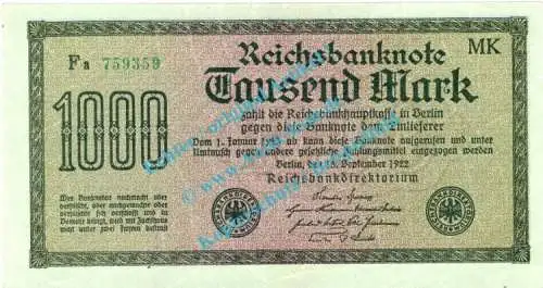 Banknote , 1.000 Mark -Vielecke- in kfr. DEU-86.b, Ros.75, P.76 , Weimarer Republik 1922 Inflation