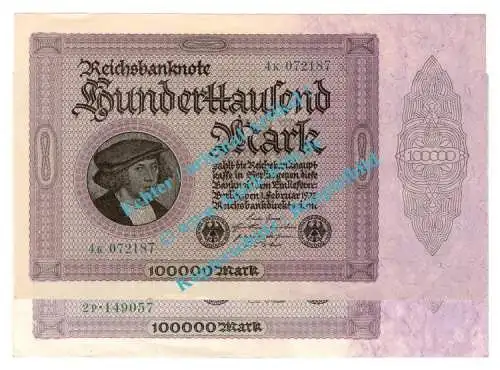 Banknote , 100.000 Mark KN --schwarzgrün-- in kfr. DEU-93.e, Ros.82, P.83, Weimarer Republik - Inflation