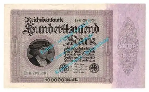 Banknote , 100.000 Mark KN -schwarzgrün- in gbr. DEU-93.e, Ros.82, P.83, Weimarer Republik - Inflation