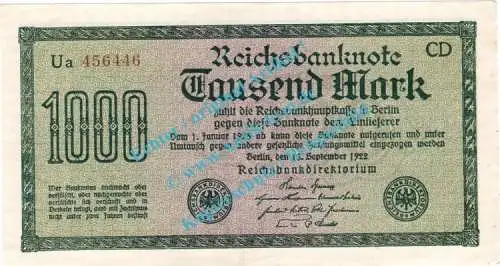 Banknote , 1.000 Mark -Fehldruck- in kfr. DEU-84.f.Fb, Ros.75, P.76, Weimarer Republik 1922 Inflation