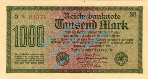 Banknote , 1.000 Mark -Fehldruck- in kfr. DEU-85.Fa, Ros.75, P.76, Weimarer Republik 1922 Inflation