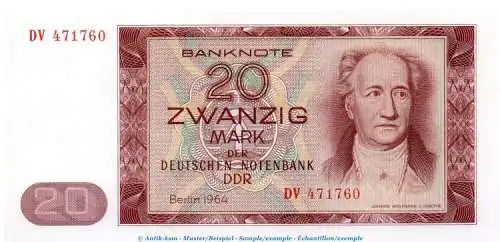 Banknote , 20 Mark Schein in kfr. DDR-18, Ros.356, P.24 , von 1964 , Deutsche Notenbank