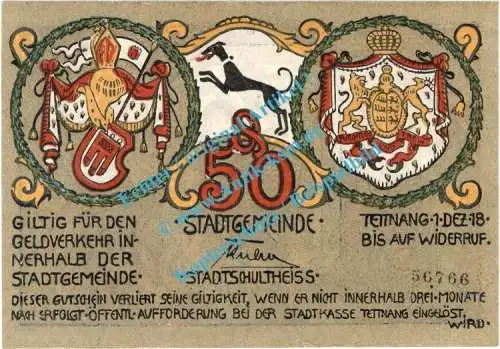 Tettnang , Notgeld 50 Pfennig -Tropfen- in kfr. Tieste 7310.05.20 , Württemberg 1918 Verkehrsausgabe