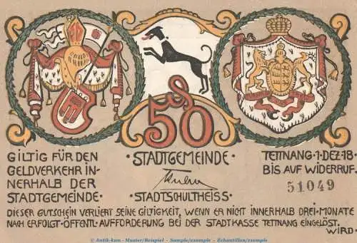 Notgeld Stadt Tettnang , 50 Pfennig Schein -3.Aufl- in kfr. Tieste 7310.05.15 von 1918 , Württemberg Verkehrsausgabe