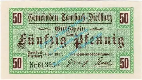 Tambach , Notgeld 50 Pfennig Schein in kfr. Tieste 7260.05.15 , Thüringen 1917 Verkehrsausgabe