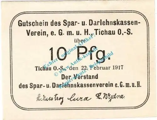 Tichau , Notgeld 10 Pfennig Schein in kfr. Tieste 7350.05.05 , Oberschlesien 1917 Verkehrsausgabe