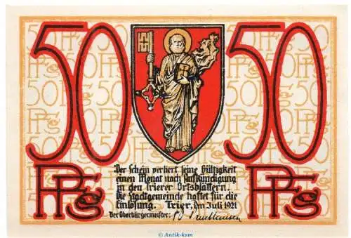 Notgeld Stadt Trier , 50 Pfennig Schein in kfr. von 1921 Tieste 7455.10.40 , Rheinland Verkehrsausgabe