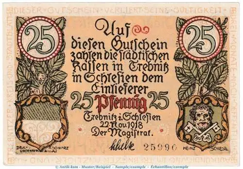 Notgeld Stadt Trebnitz , 25 Pfennig Schein in kfr. Tieste 7400.15.15 von 1918 , Schlesien Verkehrsausgabe