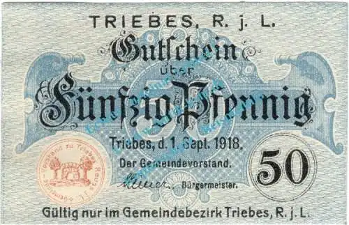 Triebes , Notgeld 50 Pfennig Schein in kfr. Tieste 7450.05.15 , Thüringen 1918 Verkehrsausgabe