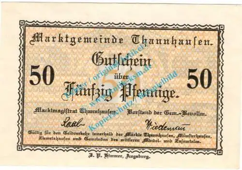 Thannhausen , Notgeld 50 Pfennig Schein in kfr. Tieste 7335.05.03 , Bayern o.D. Verkehrsausgabe