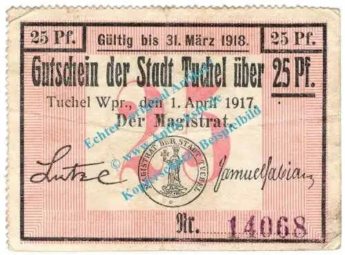 Tuchel , Notgeld 25 Pfennig Schein in gbr. Tieste 7475.05.11 , Westpreussen 1917 Verkehrsausgabe