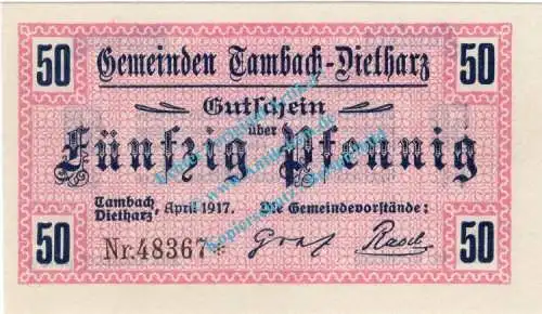 Tambach , Notgeld 50 Pfennig Schein in kfr. Tieste 7260.05.25 , Thüringen 1917 Verkehrsausgabe