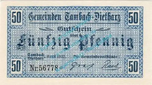 Tambach , Notgeld 50 Pfennig Schein in kfr. Tieste 7260.05.20 , Thüringen 1917 Verkehrsausgabe
