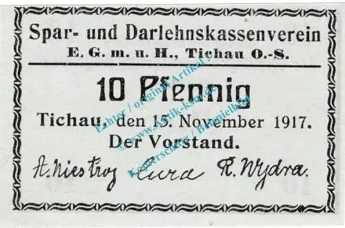 Tichau , Notgeld 10 Pfennig Schein in kfr. Tieste 7350.05.25 , Oberschlesien 1917 Verkehrsausgabe