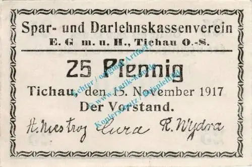 Tichau , Notgeld 25 Pfennig Schein in kfr. Tieste 7350.05.26 , Oberschlesien 1917 Verkehrsausgabe