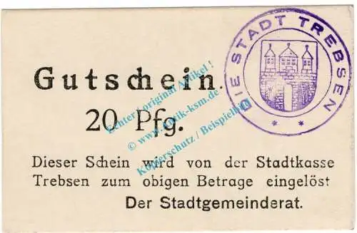 Trebsen , Notgeld 20 Pfennig Schein in kfr. Tieste 7405.05.15 , Sachsen o.D. Verkehrsausgabe