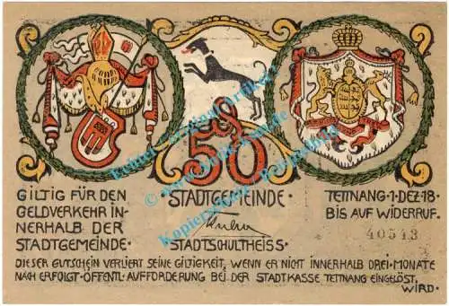 Tettnang , Notgeld 50 Pfennig -1.Aufl- in kfr. Tieste 7310.05.05 , Württemberg 1918 Verkehrsausgabe