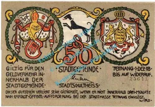 Tettnang , Notgeld 50 Pfennig Schein in kfr. Tieste 7310.05.01 , Württemberg 1918 Verkehrsausgabe