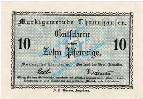 Thannhausen , Notgeld 10 Pfennig Schein in kfr. Tieste 7335.05.01 , Bayern o.D. Verkehrsausgabe