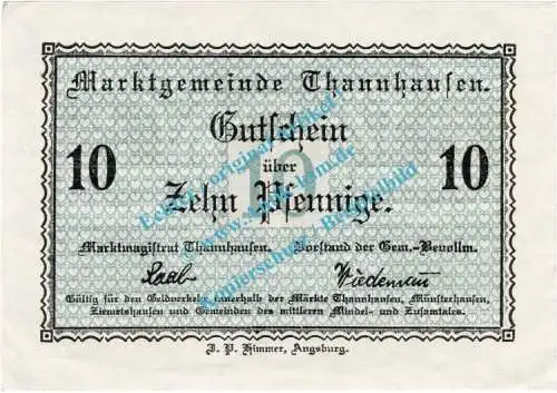 Thannhausen , Notgeld 10 Pfennig Schein in kfr. Tieste 7335.05.10 , Bayern o.D. Verkehrsausgabe