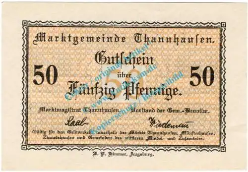 Thannhausen , Notgeld 50 Pfennig Schein in kfr. Tieste 7335.05.17 , Bayern o.D. Verkehrsausgabe