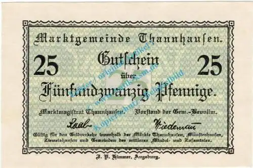 Thannhausen , Notgeld 25 Pfennig Schein in kfr. Tieste 7335.05.02 , Bayern o.D. Verkehrsausgabe