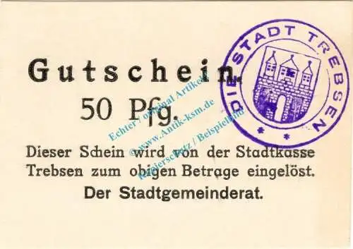 Trebsen , Notgeld 50 Pfennig Schein in kfr. Tieste 7405.05.36 , Sachsen o.D. Verkehrsausgabe