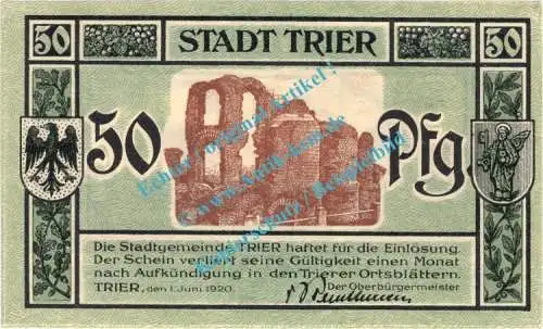 Trier , Notgeld 50 Pfennig Schein in kfr. Tieste 7455.10.16 , Rheinland 1920 Verkehrsausgabe
