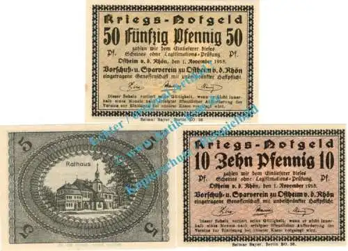 Ostheim , Notgeld Set mit 3 Scheinen Rathaus in kfr. Tieste 5462.05.30-32 , Thüringen 1918 Verkehrsausgabe