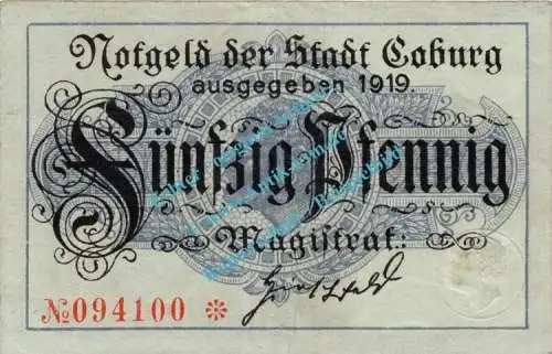 Coburg , Notgeld 50 Pfennig Schein in kfr. Tieste 1170.05.15 , Bayern 1919 Verkehrsausgabe