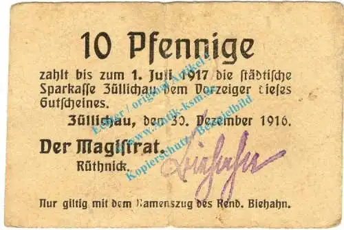 Züllichau , Notgeld 10 Pfennig Schein in gbr. Tieste 8280.10.02 , Brandenburg 1916 Verkehrsausgabe