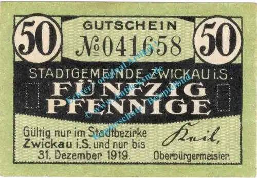 Zwickau , Notgeld 50 Pfennig Schein in kfr. Tieste 8305.40.15 , Sachsen o.D. Verkehrsausgabe