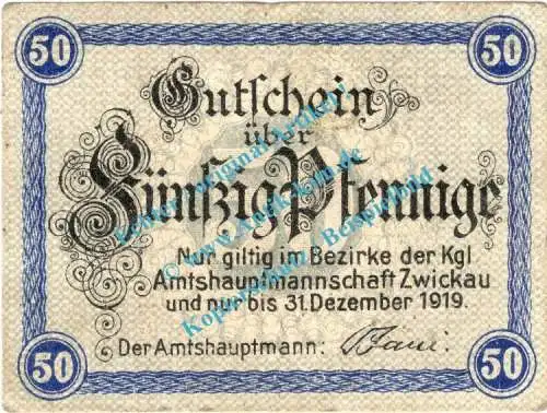 Zwickau , Notgeld 50 Pfennig Schein in kfr. Tieste 8305.05.03 , Sachsen o.D. Verkehrsausgabe