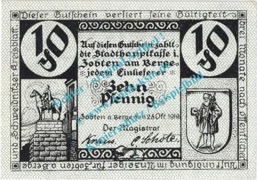 Zobten , Notgeld 10 Pfennig Schein in kfr. Tieste 8250.45.01 , Schlesien 1919 Verkehrsausgabe